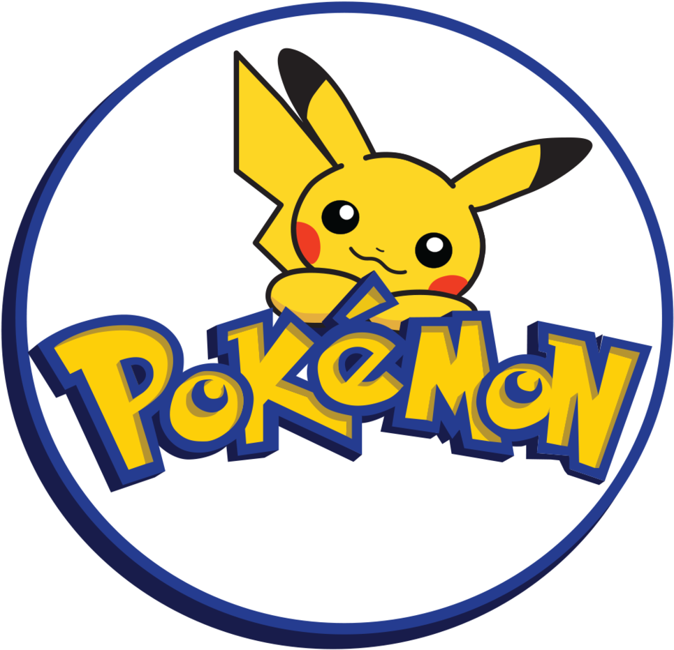 Pokemon logo, a round that includes text Pokemon and a image of Pikachu